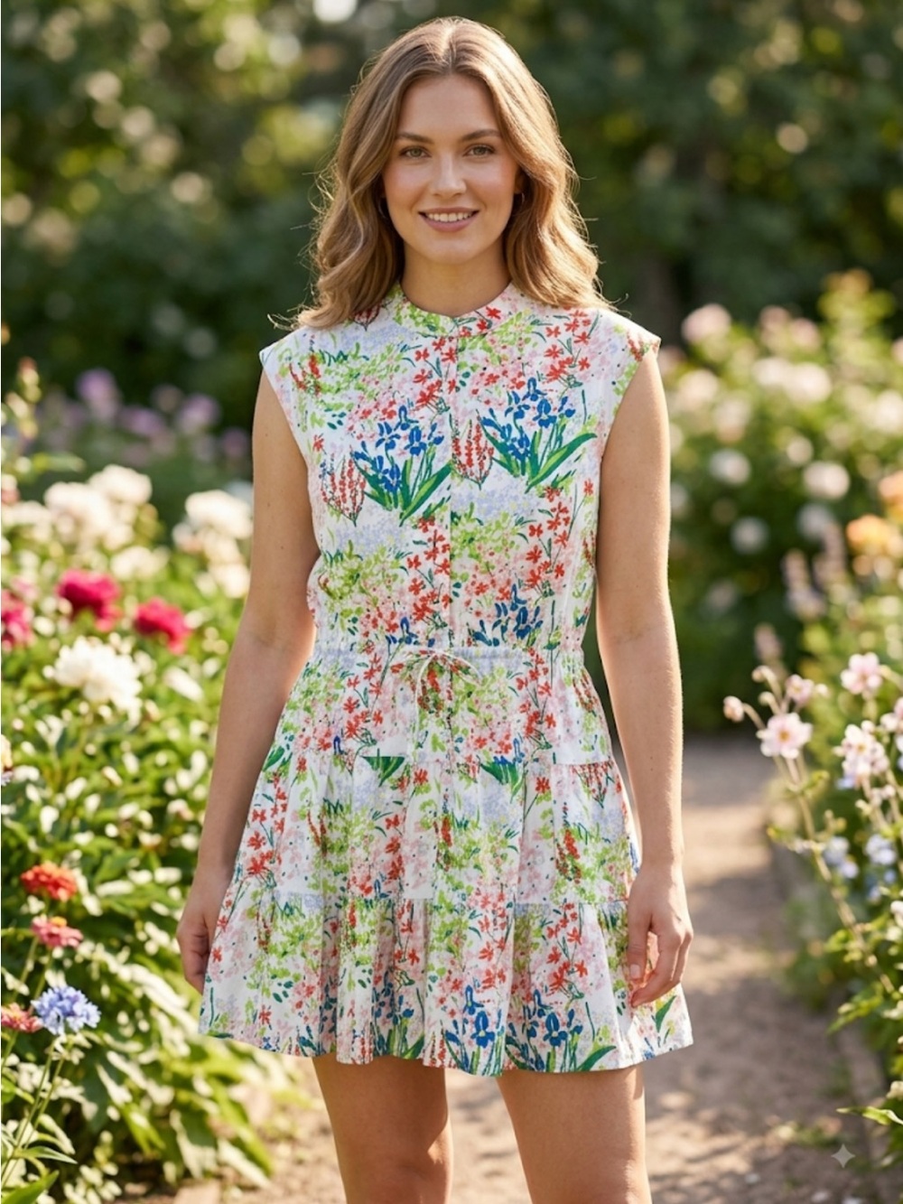 LaRoque Sleeveless Floral Casual Dress in White Multi